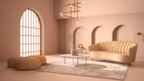 Blur design de interiores fundo, elegante sala de estar clássica com arcos e janela arqueada e porta. Sofá com pufe, tapete, lâmpada pingente, mesas de café, vasos — Fotografia de Stock