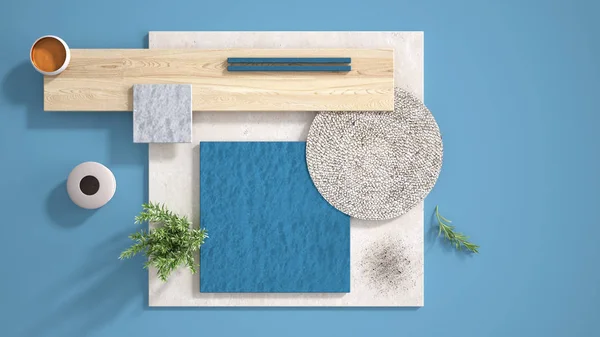 Minimal blue background with copy space, marble limestone and granite slabs, wooden plank, cutting board, rosemary and pepper and decors. Kitchen interior design concept, mood board