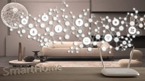 Wi-Fi kablosuz yönlendirici ahşap masa, akıllı ev, geometrik arkaplan bağlı çizgiler ve noktalar şeylerin internetini gösteriyor, ev otomasyonu konsepti grunge lounge üzerinde