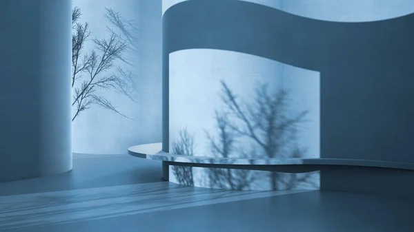 Abstrato azul colorido vazio interior concreto, fundo grunge com estruturas redondas e curvas, luz e árvores sombras, banco — Fotografia de Stock