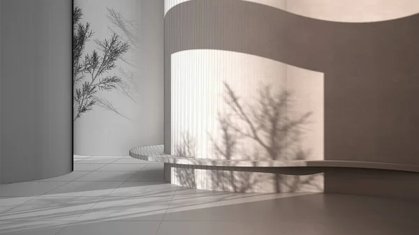 Koncepcja architekta wnętrz: niedokończony projekt, który staje się realnym, abstrakcyjnym pustym wnętrzem, grunge background z okrągłymi i zakrzywionymi strukturami, światło i cienie drzew, ławka — Zdjęcie stockowe