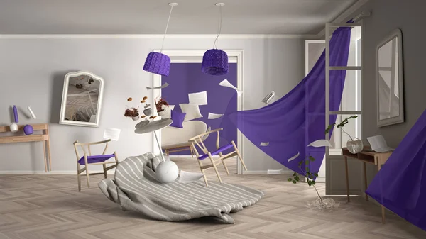 White and violet living room, home chaos concept with chairs and table, windows and curtains, broken vase, furniture and other accessories flying in the air, explosion, gust of wind