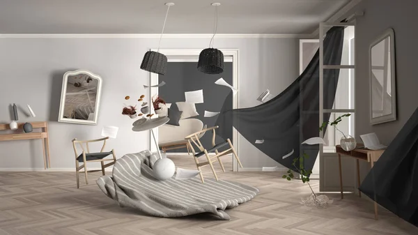White and gray living room, home chaos concept with chairs and table, windows and curtains, broken vase, furniture and other accessories flying in the air, explosion, gust of wind