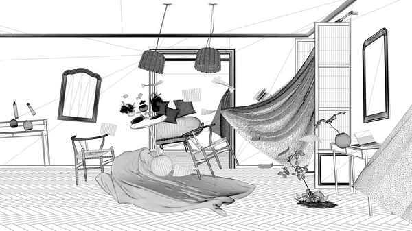 Progetto di progetto di progetto di progetto, soggiorno, concetto di caos domestico con sedie e tavolo, finestre e tende, mobili e altri accessori che volano nell'aria, esplosione, raffica di vento — Foto Stock
