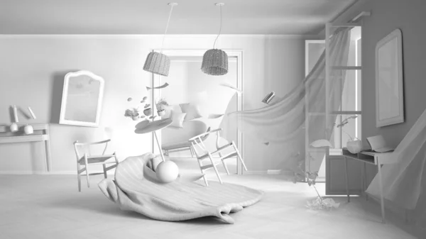 Projeto total branco projecto, sala de estar, casa conceito caos com cadeiras e mesa, janelas e cortinas, móveis e outros acessórios voando no ar, explosão, rajada de vento — Fotografia de Stock