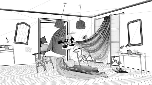 Proyecto de proyecto de proyecto, sala de estar, hogar concepto de caos con sillas y mesa, ventanas y cortinas, muebles y otros accesorios que vuelan en el aire, explosión, ráfaga de viento — Foto de Stock