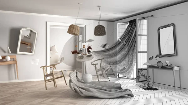 Architect interior designer concept: unfinished project that becomes real, living room, chaos concept with furniture and other accessories flying in the air, explosion, gust of wind