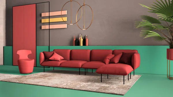 Rosso e turchese colorato soggiorno contemporaneo, divano, poltrona, moquette, pareti in cemento, piante in vaso e decorazioni, lampade in rame. Interior design atmosfera, idea di architettura — Foto Stock