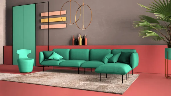 Красный и бирюзовый цвета современной гостиной, диван, кресло, ковер, бетонные стены, горшечные растения и декоры, медные лампы. Атмосфера интерьера, архитектура — стоковое фото