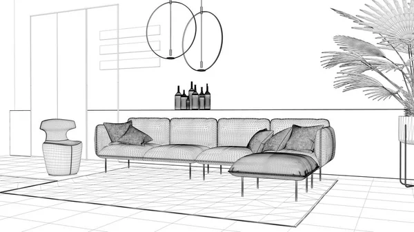 Projekt projekt projekt projekt, nowoczesny salon, sofa, fotel, dywan, ściany betonowe, rośliny doniczkowe i dekoracje, lampy wiszące. Atmosfera wnętrz, pomysł na architekturę — Zdjęcie stockowe