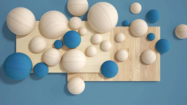 最小限の青の色の背景、コピースペース、木製の板、まな板、球、木で作られたバブル。インテリアデザインのコンセプト、ムードボード — ストック写真