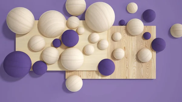 最小限の紫色の背景、コピースペース、木製の板、まな板、球、木で作られたバブル。インテリアデザインのコンセプト、ムードボード — ストック写真