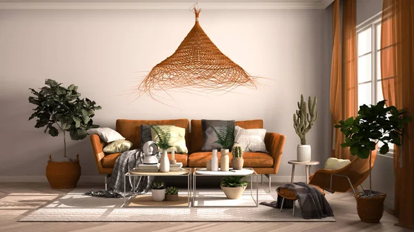 Vintage, gammal stil orange vardagsrum med soffa och fåtölj, soffbord med inredning och växter, matta, fönster med gardiner, rotting hänge lampa, klassisk inredning koncept — Stockfoto