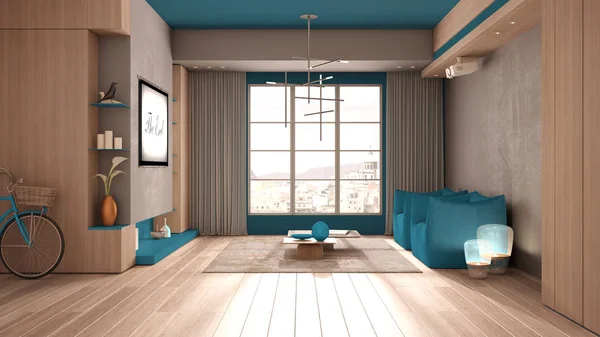 Minimalistische woonkamer in blauwe tinten met houten en betonnen details, raam, gordijnen, parket, fauteuils, tapijt en tafels. Koplamp projecteren film, interieur concept — Stockfoto
