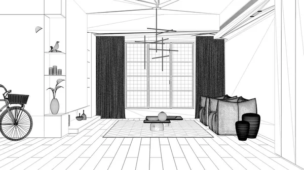 Projekt projekt projekt projekt, minimalistyczny salon, duże okno kwadratowe z zasłonami, parkiet, fotele, dywan ze stolikami kawowymi i dekoracje. Koncepcja projektu wnętrza — Zdjęcie stockowe