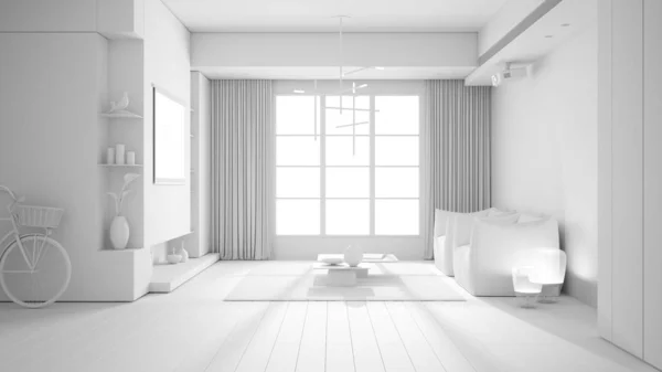 Proyek draf putih total, ruang tamu minimalis, jendela persegi besar dengan tirai, lantai parket, kursi, karpet dengan meja kopi dan dekorasi. Konsep desain interior — Stok Foto