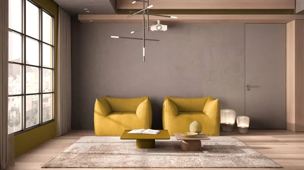 Minimalist living room in yellow tones with wooden and concrete details, window with curtains, parquet floor, armchairs, carpet and coffee tables, headlamp, interior design concept