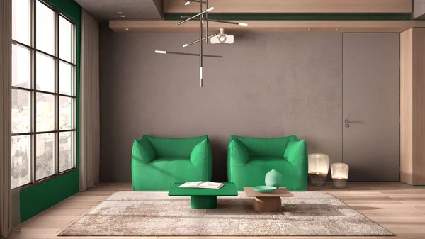 Minimalistisches Wohnzimmer in Türkistönen mit Holz- und Betondetails, Fenster, Vorhänge, Parkettboden, Sessel, Teppich und Couchtische, Stirnlampe, Raumkonzept — Stockfoto