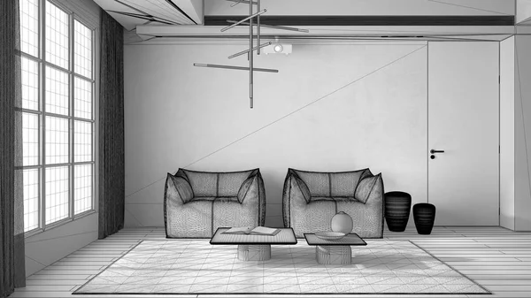 Projeto inacabado projecto, sala de estar minimalista com janela quadrada com cortinas, piso em parquet, poltronas, tapete com mesas de café e decorações, farol, conceito de design de interiores — Fotografia de Stock