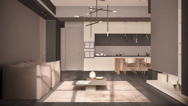Minimalistický obývací pokoj a kuchyň v béžových tónech s tmavým dřevem a betonovými detaily, jídelní stůl se židlemi, parketová podlaha, křesla, koberec a stoly, koncepce interiérového designu — Stock fotografie