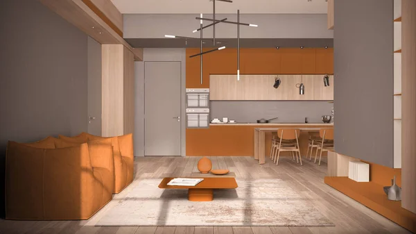 Sala minimalista e cozinha em tons de laranja com detalhes de madeira e concreto, mesa de jantar com cadeiras, piso em parquet, poltronas, carpete e mesas, conceito de design de interiores — Fotografia de Stock