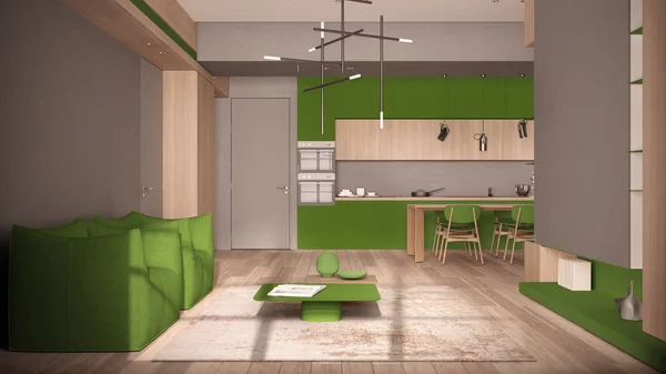 Minimalistyczny salon i kuchnia w odcieniach zieleni z drewnianymi i betonowymi detalami, stół z krzesłami, parkiet, fotele, dywan i stoły, koncepcja aranżacji wnętrz — Zdjęcie stockowe