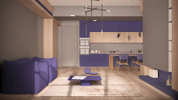Minimalist oturma odası ve mutfak menekşe renginde ahşap ve beton detaylar, sandalyeli yemek masası, parke zemin, koltuklar, halı ve masalar, iç dizayn konsepti — Stok fotoğraf