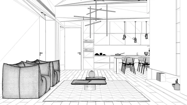Проект чертежа, минималистская гостиная и кухня, обеденный стол со стульями, паркетный пол, кресла, ковры и столы, подвесные лампы и декоры. Концепция интерьера — стоковое фото
