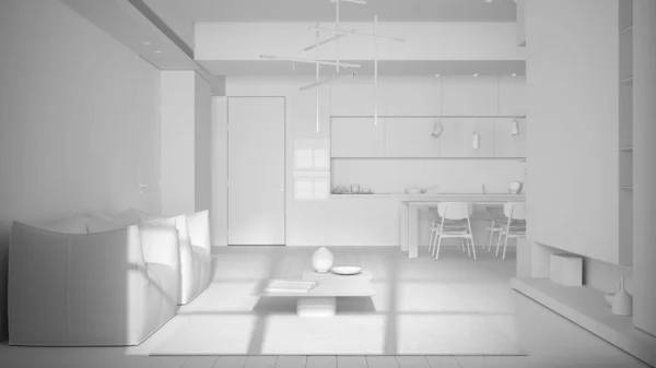 Полный белый проект проекта, минималистская гостиная и кухня, обеденный стол со стульями, паркетный пол, кресла, ковер и столы, подвесные лампы и декоры. Концепция интерьера — стоковое фото