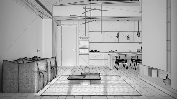 Progetto incompiuto progetto, soggiorno minimalista e cucina, tavolo da pranzo con sedie, pavimento in parquet, poltrone, tappeti e tavoli, lampade a sospensione e decorazioni. Concetto di interior design — Foto Stock