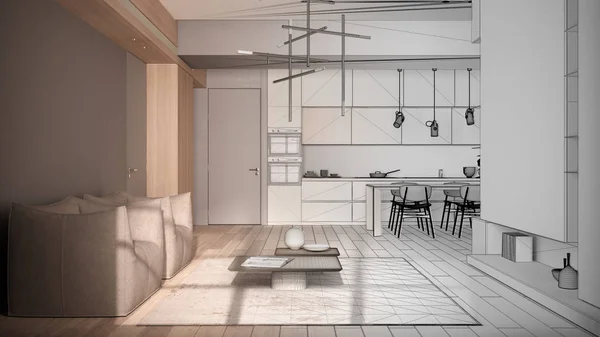 Projekt architektoniczny wnętrz: niedokończony projekt, który staje się prawdziwym, minimalistycznym salonem i kuchnią, stołem jadalnym, krzesłami, parkietem, fotelami, dywanem. Koncepcja projektu — Zdjęcie stockowe
