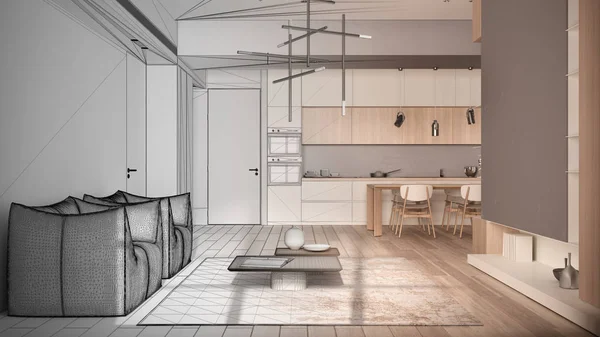 Концепция архитектора интерьера: незавершенный проект, который становится реальным, минималистская гостиная и кухня, обеденный стол, стулья, паркет, кресла, ковер. Концепция дизайна — стоковое фото