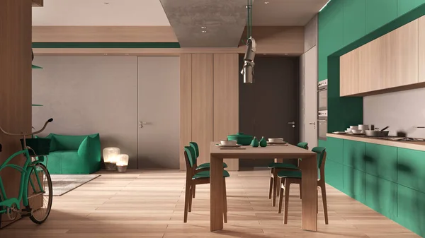 Cocina minimalista con comedor en tonos turquesa con detalles de madera y hormigón, mesa de comedor para dos personas, sillas, parquet, sillón, lámparas colgantes, concepto de diseño de interiores —  Fotos de Stock