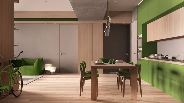 Minimalistická kuchyně s jídelnou v zelených tónech s dřevěnými a konkrétními detaily, jídelní stůl pro dva, židle, parkety, křeslo, závěsné lampy, koncept interiérového designu — Stock fotografie