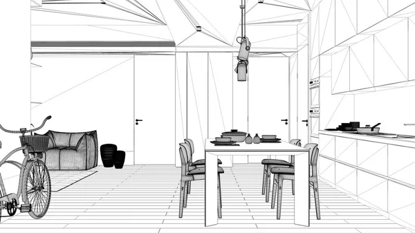 Ritning projektutkast, minimalistiskt kök med matsal, matbord med stolar för två, parkettgolv, fåtölj, hängande lampor, inredningskoncept — Stockfoto