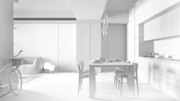 Общий белый проект, минималистская кухня со столовой, обеденный стол со стульями, паркетный пол, кресло, подвесные лампы, концепция дизайна интерьера — стоковое фото