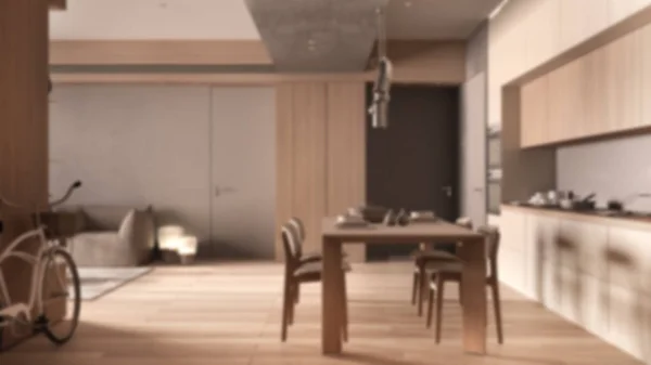 Šmouha pozadí design interiéru, minimalistická kuchyň s jídelnou, jídelní stůl s židlemi pro dva, parketová podlaha, křeslo, závěsné lampy — Stock fotografie