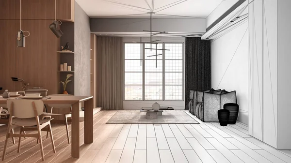 Arkitekt inredningskoncept: oavslutat projekt som blir verkligt, minimalistiskt kök med matsal, matbord dukat för två, stolar, parkett, fåtölj, designkoncept — Stockfoto