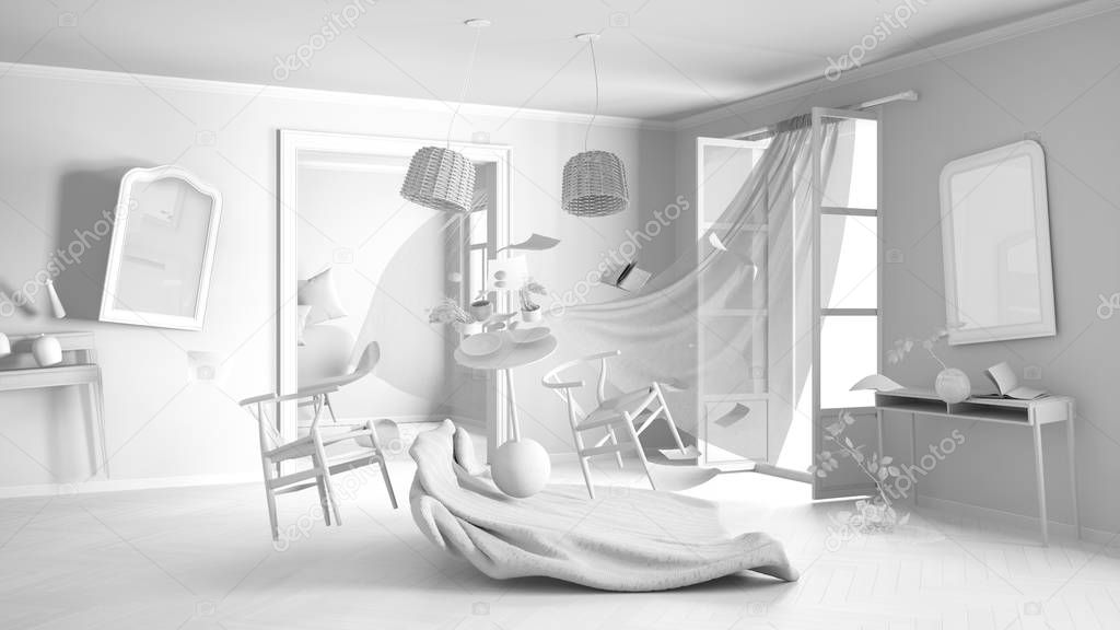 Total white project draft, living room, home chaos concept with chairs and table, windows and curtains, furniture and other accessories flying in the air, explosion, gust of wind