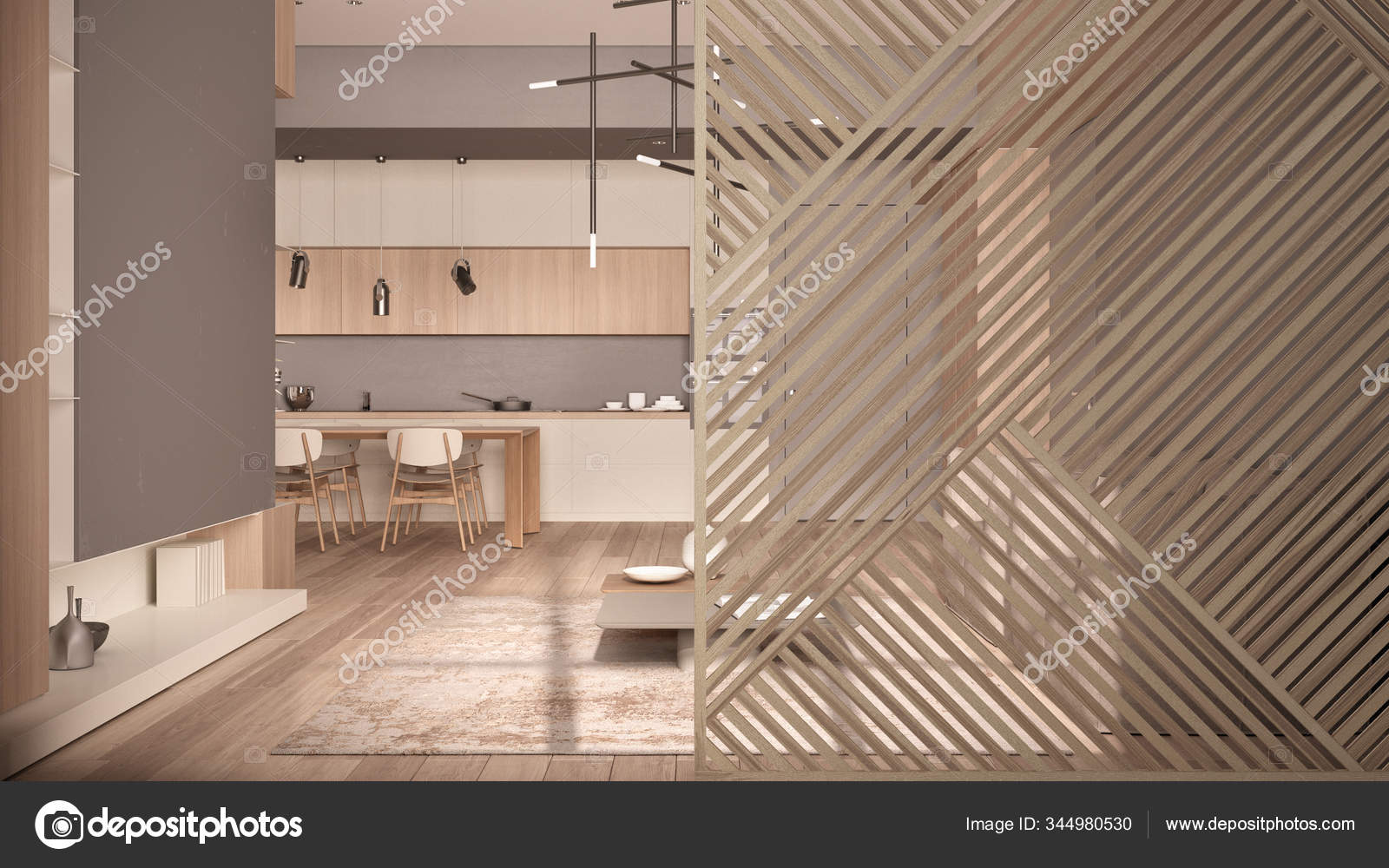 Painel de madeira close-up, sala de estar e cozinha em tons bege com  detalhes de madeira e concreto. ideia conceito de design de interiores zen  minimalista, modelo de arquitetura contemporânea — Foto ©, image size:1600x1000