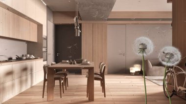 Minimalist mutfağa bej tonlarda tohum salgılayan tüylü karahindiba, iki kişilik yemek masası. İç tasarım fikri. Değişim, büyüme, hareket ve özgürlük kavramı