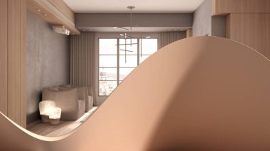 Soyut mimari arka plan, dalgalı sıvı şekil, yaratıcı duvar, bej renkli minimalist oturma odası ahşap ve beton detaylar, pencere, perdeler, parke, koltuklar