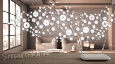 Wi-Fi kablosuz yönlendirici ahşap masa, akıllı ev, geometrik arkaplan bağlı çizgi ve noktalar şeylerin interneti, ev otomasyonu konsepti modern oturma odası üzerinde