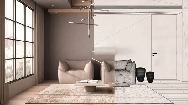 Paint roller painting interior design blueprint sketch background while the space becomes real showing minimal lounge. Before and after concept, architect designer creative work flow