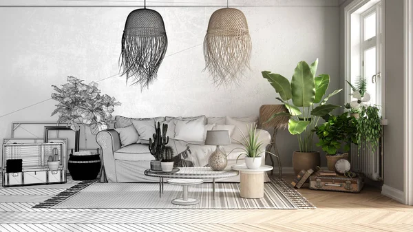 Architect interior designer concept: unfinished project that becomes real, vintage, old style living room, sofa, pillows and rattan pendant lamps, retro interior design concept