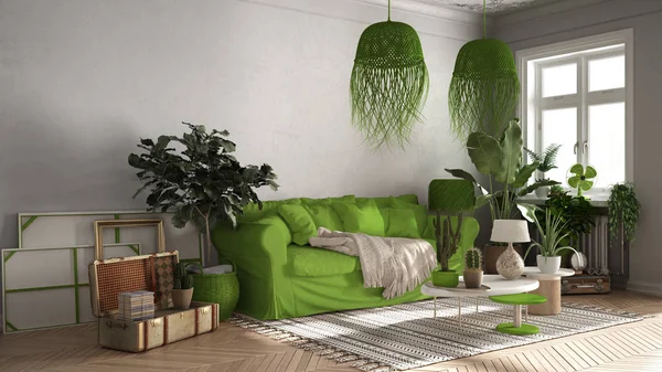 Vintage, sala de estar de estilo antiguo en tonos verdes, sofá, alfombra, almohadas y lámparas colgantes de ratán, mesas con decoraciones y plantas en maceta, alfombra, ventana, concepto de diseño interior retro — Foto de Stock
