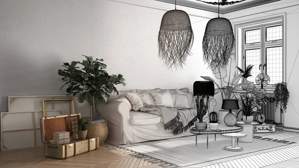 Architektonisches Innenarchitekturkonzept: unvollendetes Projekt, das real wird, Vintage, Wohnzimmer im alten Stil, Sofa, Kissen und Rattan-Pendelleuchten, Retro-Innenarchitekturkonzept — Stockfoto