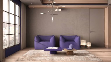 Mor tonlarda minimalist oturma odası ahşap ve beton detaylar, perdeli pencere, parke zemin, koltuklar, halı ve kahve masaları, far, iç tasarım konsepti