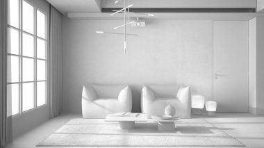 Tamamen beyaz proje taslak, kare pencereli kare perdeli minimalist oturma odası, parke zemin, koltuklar, kahve masaları ve dekorlu halı, far, iç tasarım konsepti