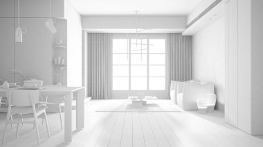 Tamamen beyaz proje taslağı, yemek odası olan minimalist mutfak, iki kişilik sandalyeli yemek masası, parke zemin, koltuk, kolye lambaları, iç dizayn konsepti.